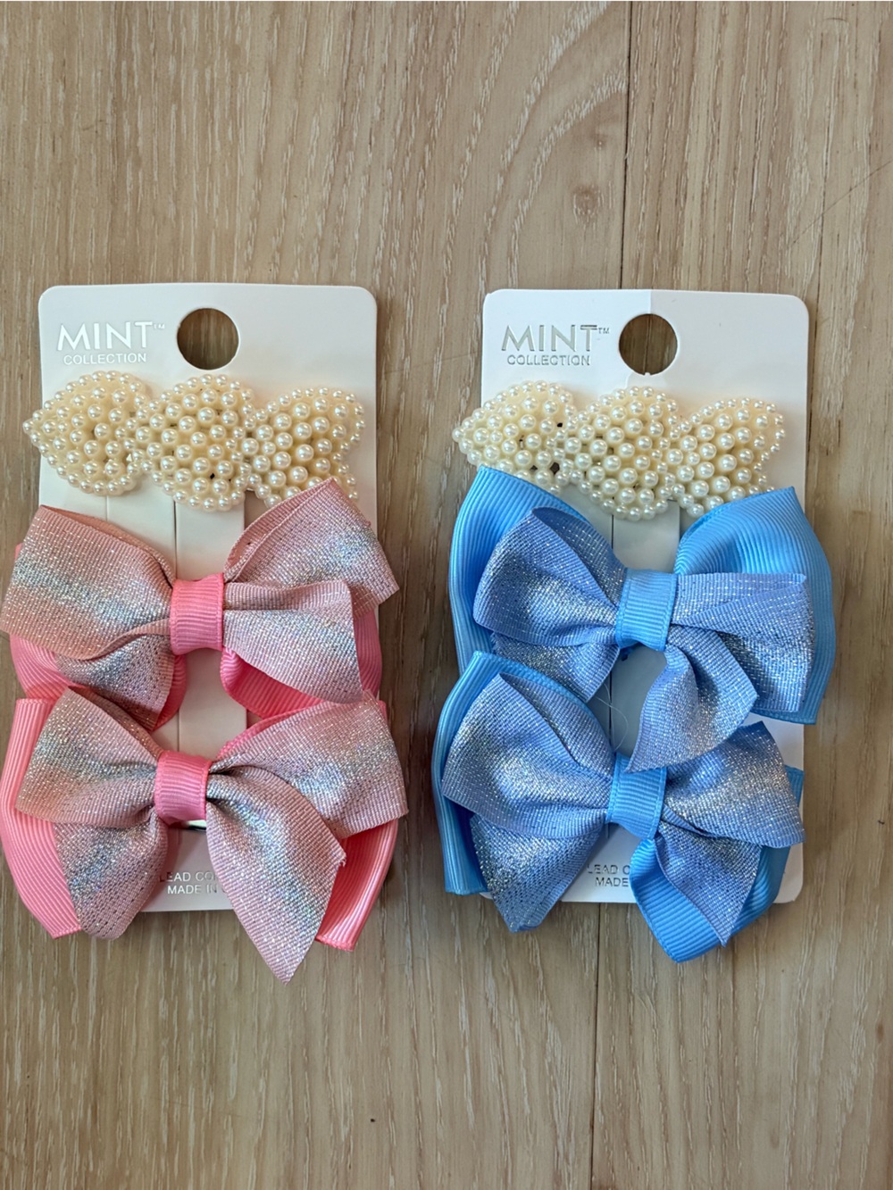 Kids Glitter Bow & Pearl Hair Clips - Blue and Pink